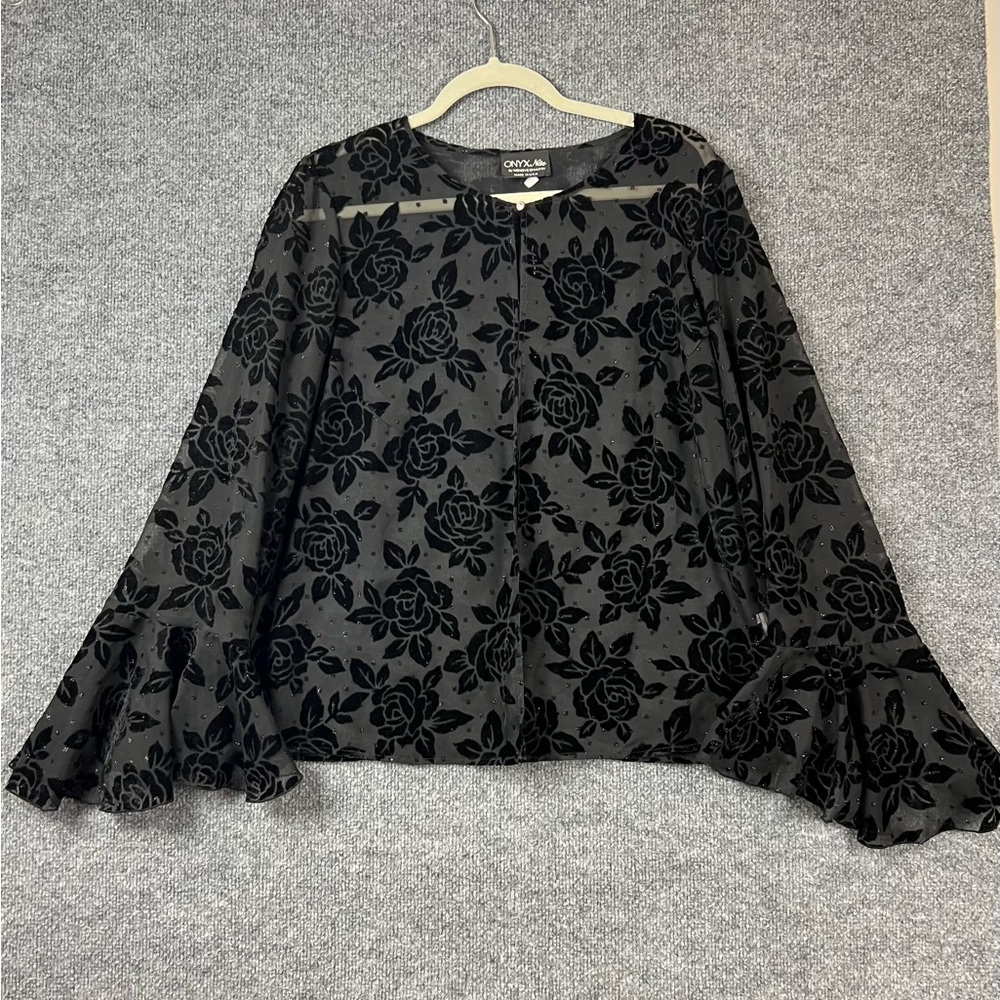 Onyx Nite by Wendye Chaitin‎ Women's Cardigan L  One Button Velvet Sheer Floral